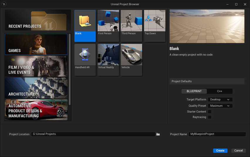 Creation of new Unreal Engine Blueprint Project