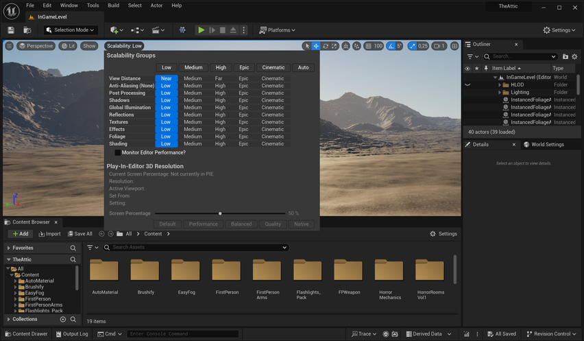 Screenshot of Unreal Editor with Low Graphic Settings