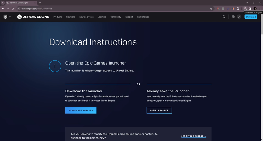 Screenshot of Browser on how to Download Unreal Engine 5