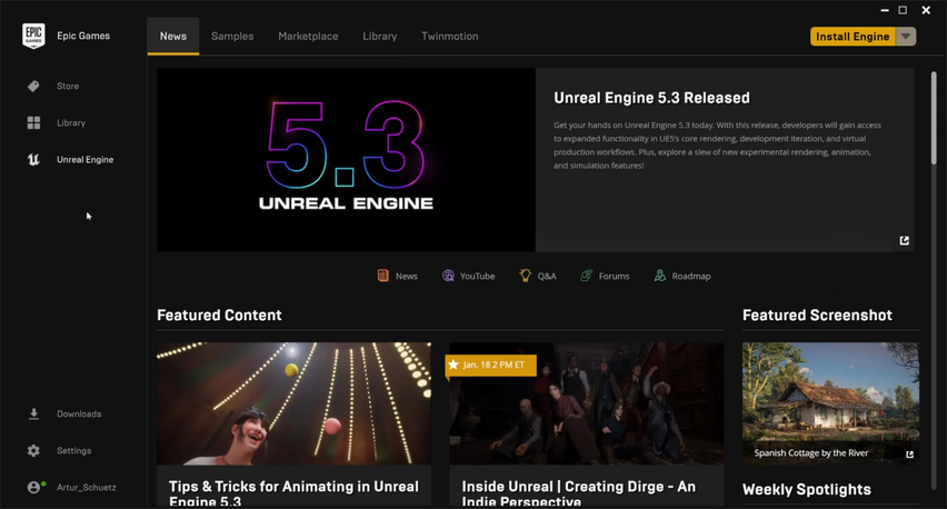 Screenshot of Unreal Engine Tab in Epic Games Launcher