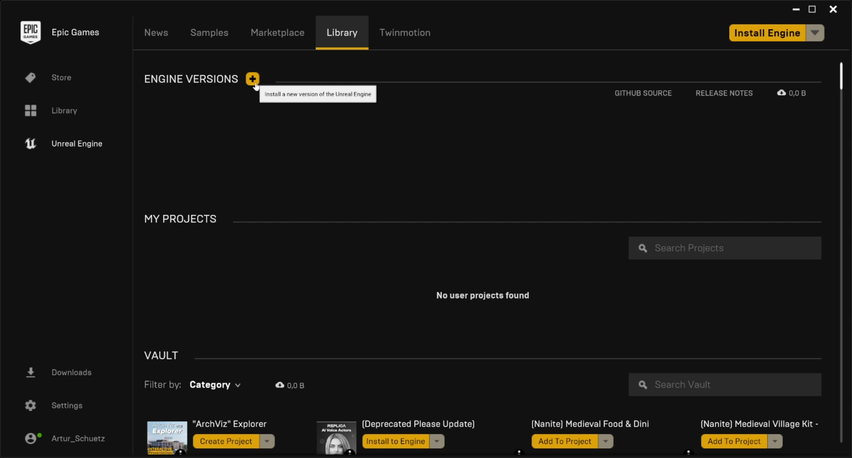 Screenshot of Library Tab of Unreal Engine Epic in Games Launcher