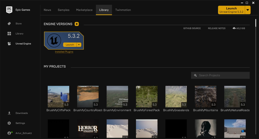 Screenshot of Epic Games Launcher with installed Unreal Engine