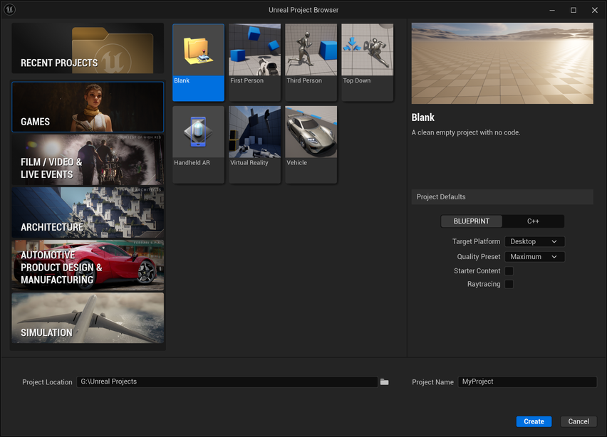 Screenshot of Unreal Engine Project Browser